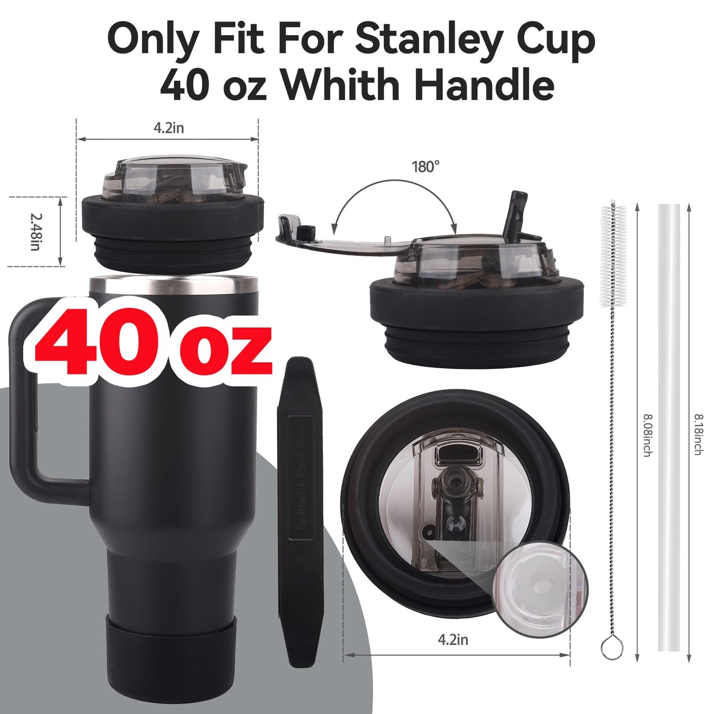 Wututir Cup Lid Replacement for 40 Oz Stanley Tumbler,Flip Straw Lid with Double Drinking Mouth, Cleaning Brush and Cup Boot 、Leakproof & Dustproof Cover for Stanley Cup Accessories (Black, 40)
