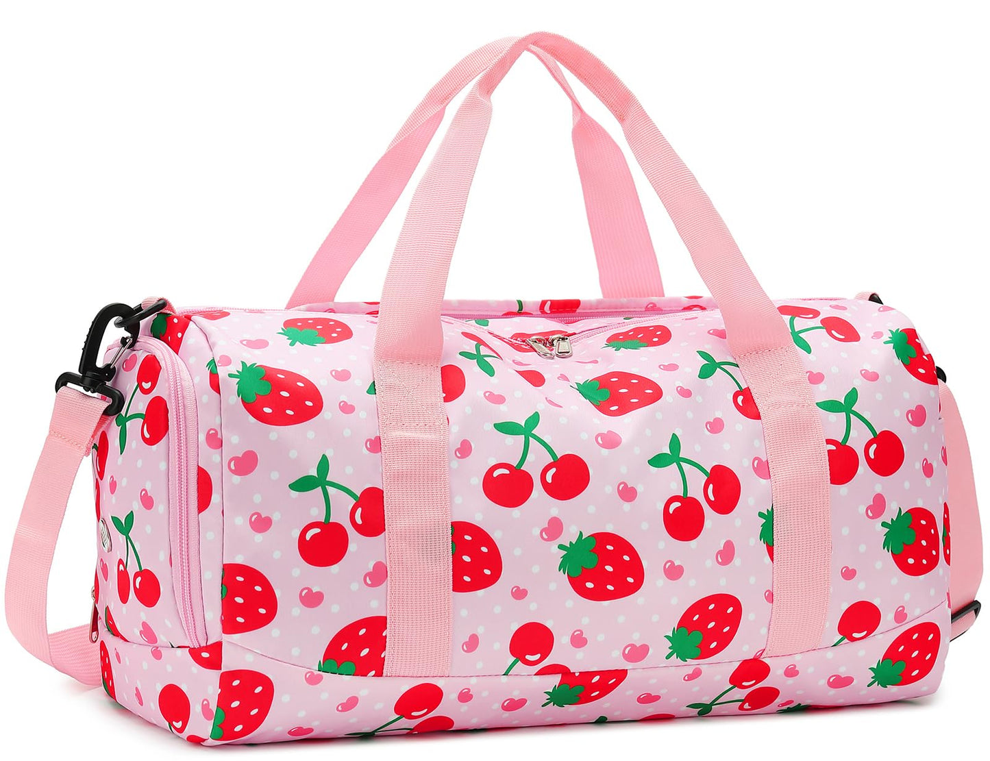 Duffle Bag for Girls Kids Overnight Bags Cute Strawberry Cherry Dance Sports Bag Travel Tote with Shoe Compartment and Wet Pocket