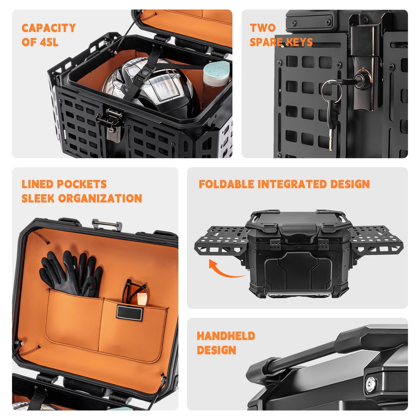 Motorcycle Top Case 45L Universal Aluminum Tail Helmet Box with Base Plate Security Lock Backrest Cargo Storage Baggage Carrier Luggage Rear Parcel Trunk （Black）