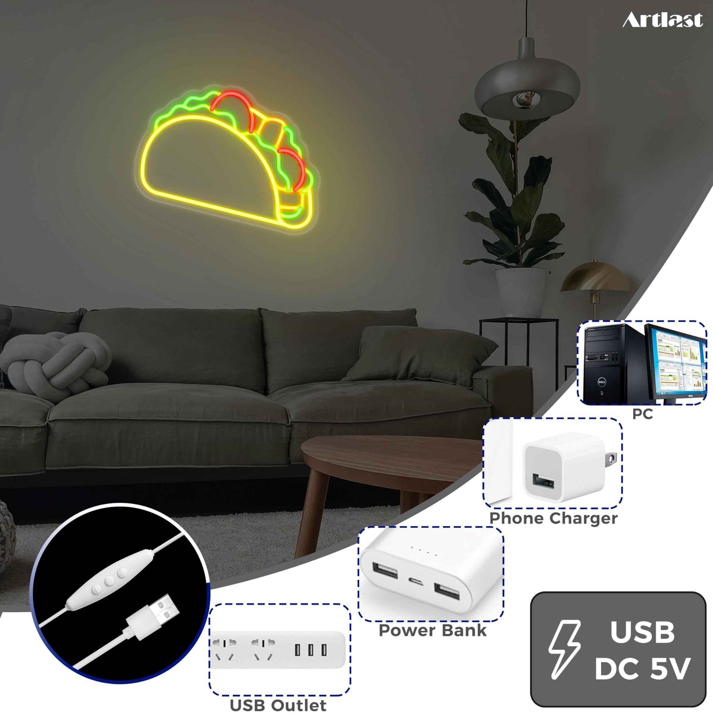 Artlast Tacos Shaped Neon Sign LED Neon Taco Signs for Mexican Food Restaurant Wall Decor Tacos Decorations for Taco Bar Party Kitchen Bedroom Wall Art Decor Signs