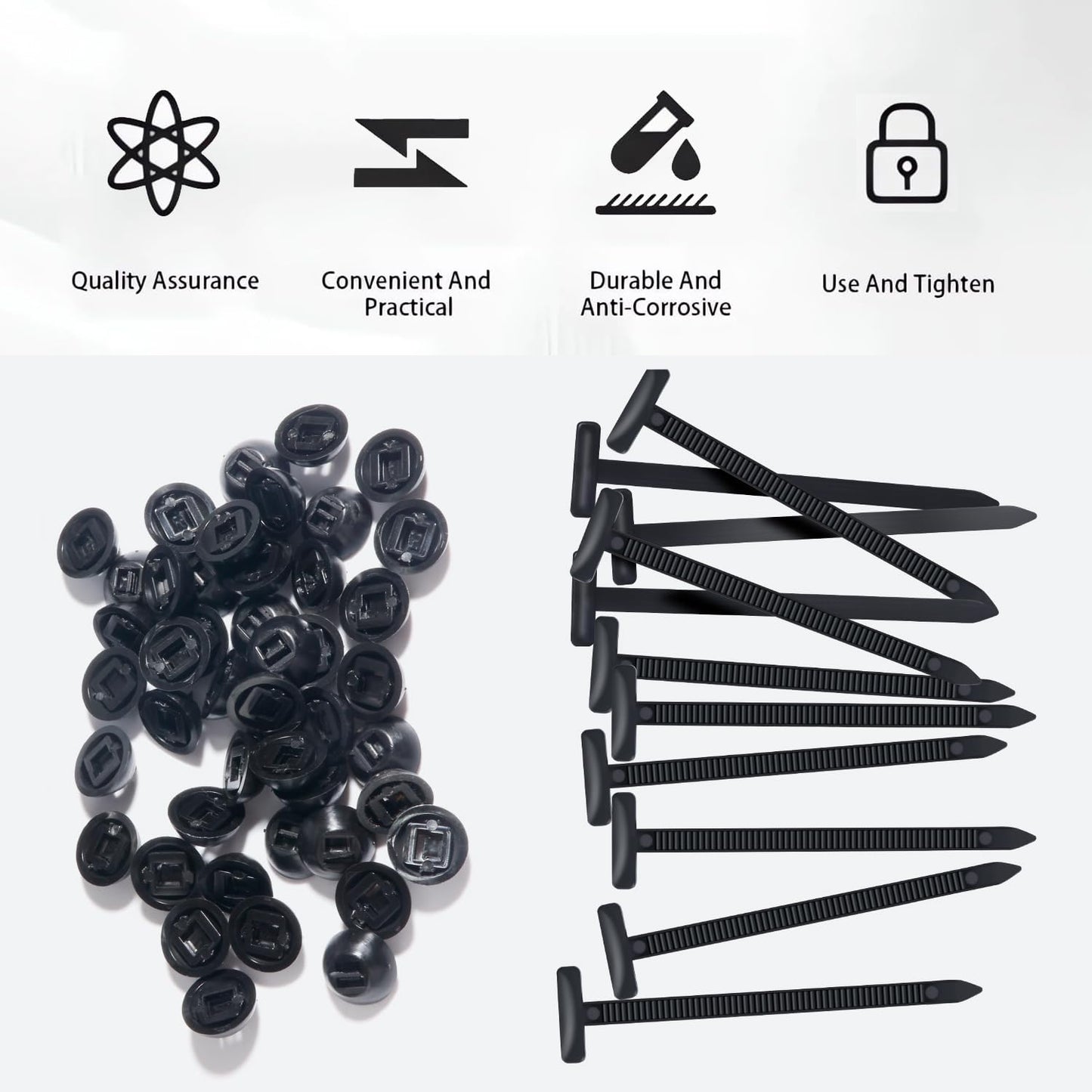 TOOVREN 100PCS Nylon Universal Cable Tie Buckle Self-Locking Design with Pin & Button, UV Resistant Cable Tie Buckles Tool for Car Daily Fixing