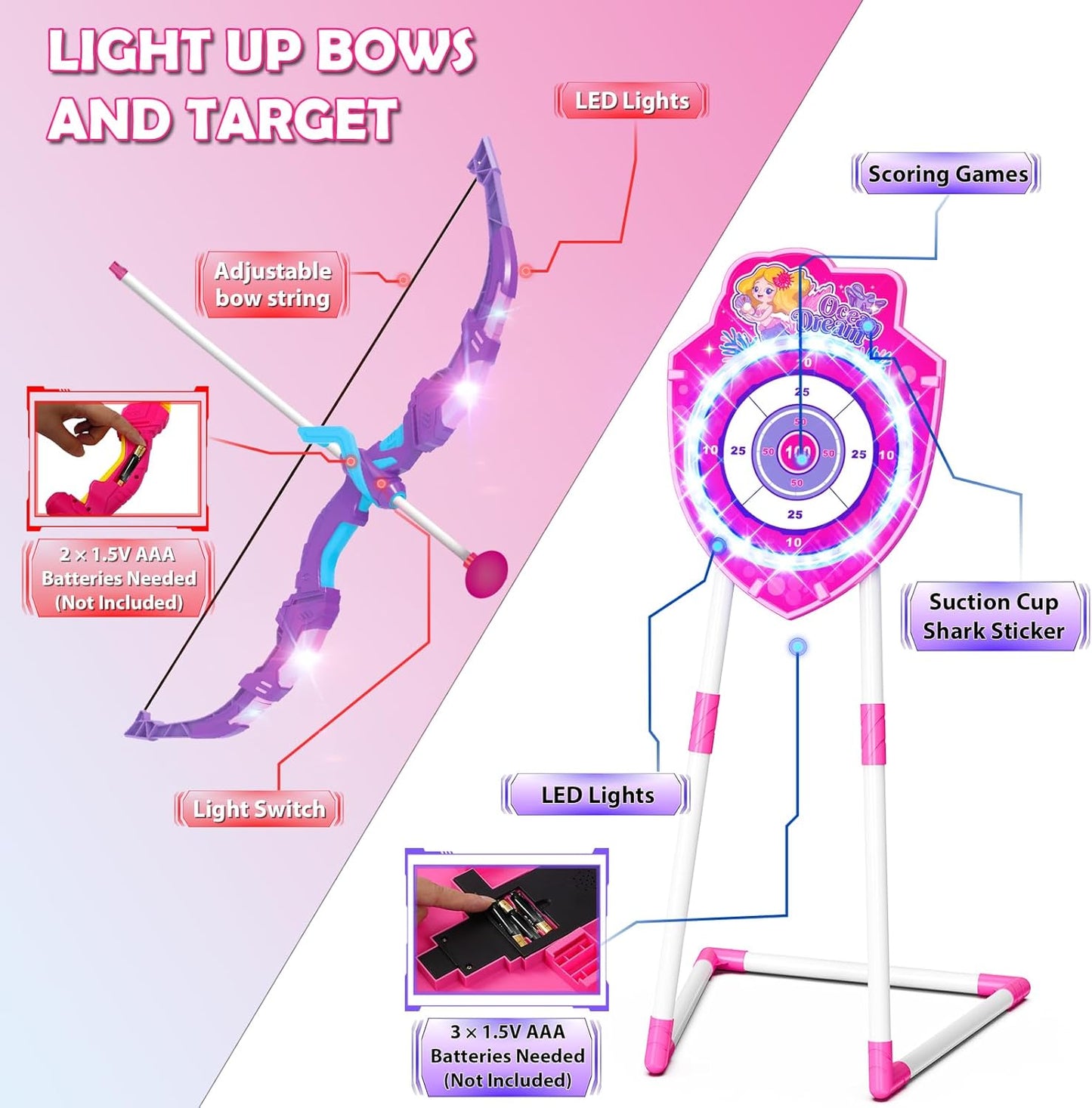 VATOS Bow and Arrow Toy Set - 4-in-1 Archery & Dart Game with LED Light, 20 Suction Cup Arrows & Glow Target | Indoor/Outdoor Fun for Kids Ages 5-12