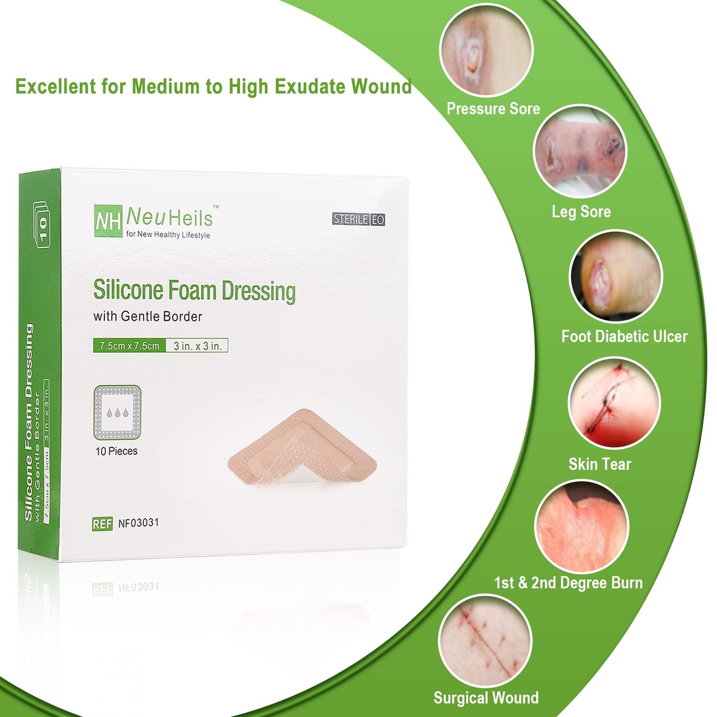 NeuHeils Silicone Adhesive Foam Dressing with Gentle Border 3''x3'' for Bed Sore, 10 Packs, High Absorbency Waterproof Silicone Wound Bandage for Foot Diabetic Ulcer