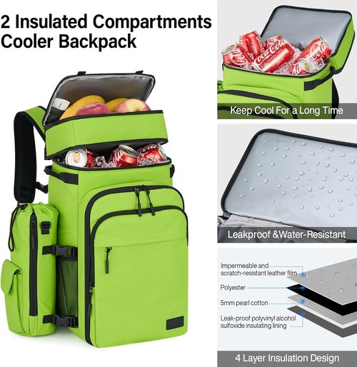 Hanke Backpack Cooler - Portable Soft-Sided Cooler with 2 Insulated Compartments | Water-Resistant Green for Picnic, Beach, Camping, and Hiking