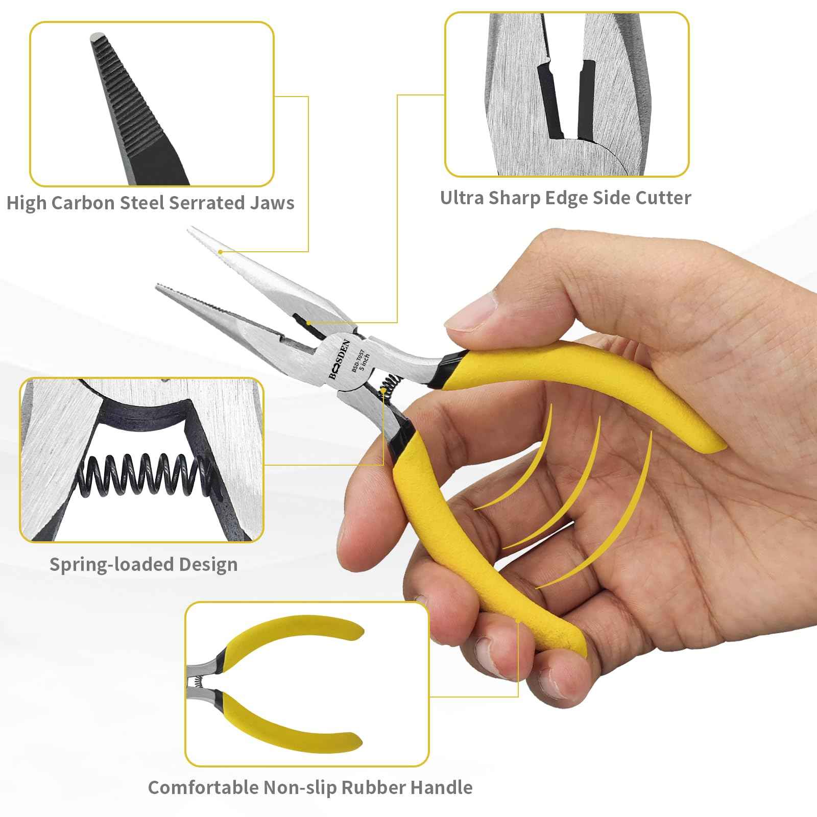 BOOSDEN 5" Needle Nose Pliers, Long Nose Pliers Set with Side Cutter,Mini Fine Needle Nose Pliers with Comfort Grip, Precision Small Needle Nose Plier for Electronics, Craft, Jewelry Making, 5 PACK