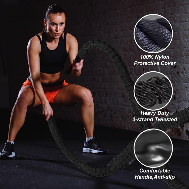 Brobantle Battle Rope 1.5 Inch Diameter,Black 30FT Exercise Workout Ropes for Home Gym Heavy Weighted Training Rope for Working Out