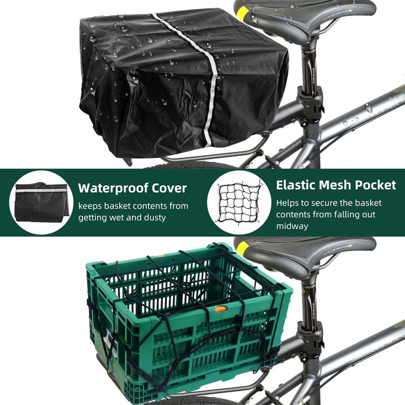 Bike Basket Rear, Foldable 35L Large Capacity Rear Bike Basket, and Durable Bicycle Foldable Rear Basket, Waterproof Cover for Shopping,Outings,Pets E-Bike Accessories (Green)