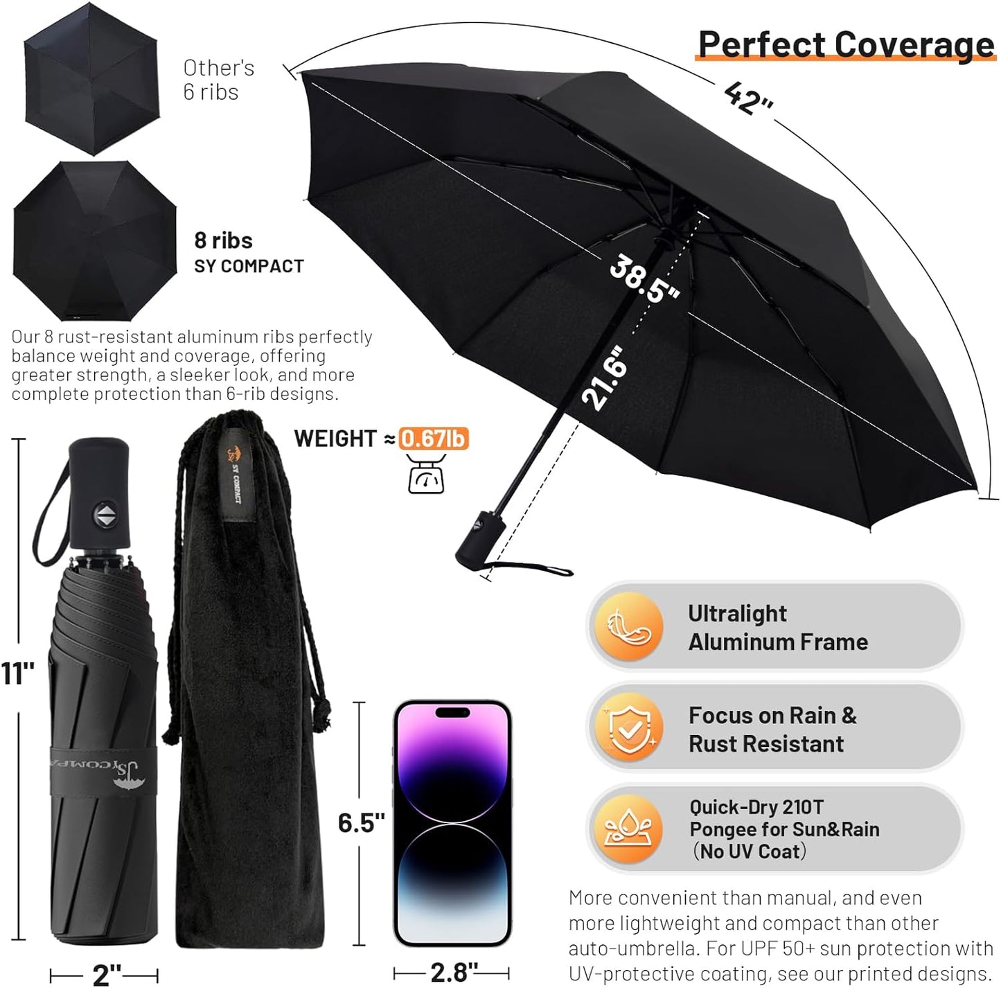 SY COMPACT Travel Umbrella - Windproof Automatic Design with UV Sun Protection | Small & Compact Size