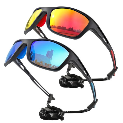 Solsun Polarized Sunglasses for Men Woman, Sport Wrap Around Sun Glasses UV Protection for Fishing Driving Cycling (Style 01 (2-Pack), A06-Sports Sunglasses-Blue Lens & Red Lens)