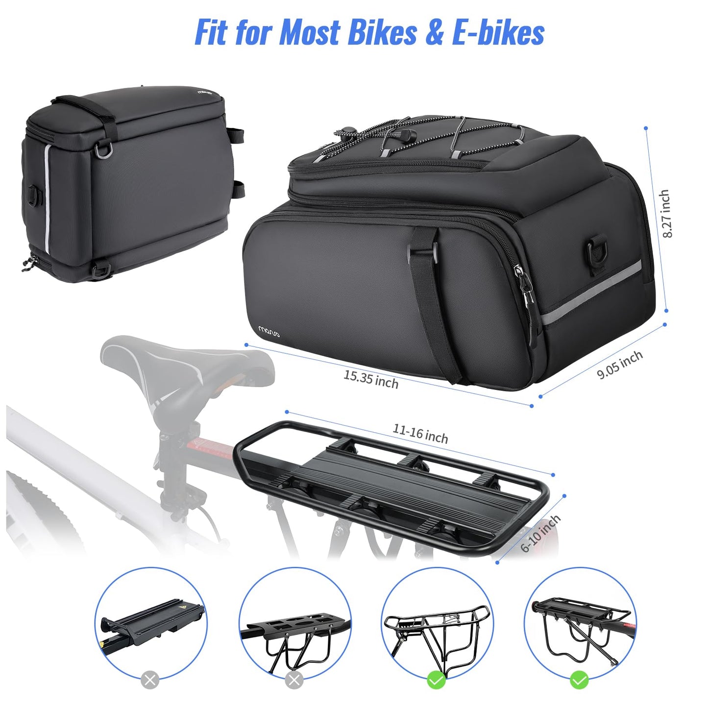 MOSISO Bike Rack Bag with Rain Cover, 15L Waterproof Bike Ebike Rear Bags Bicycle Trunk Bag Convertible to Backpack, Cycling Handbag with Shoulder Strap for Commuter Travel Outdoor, Black