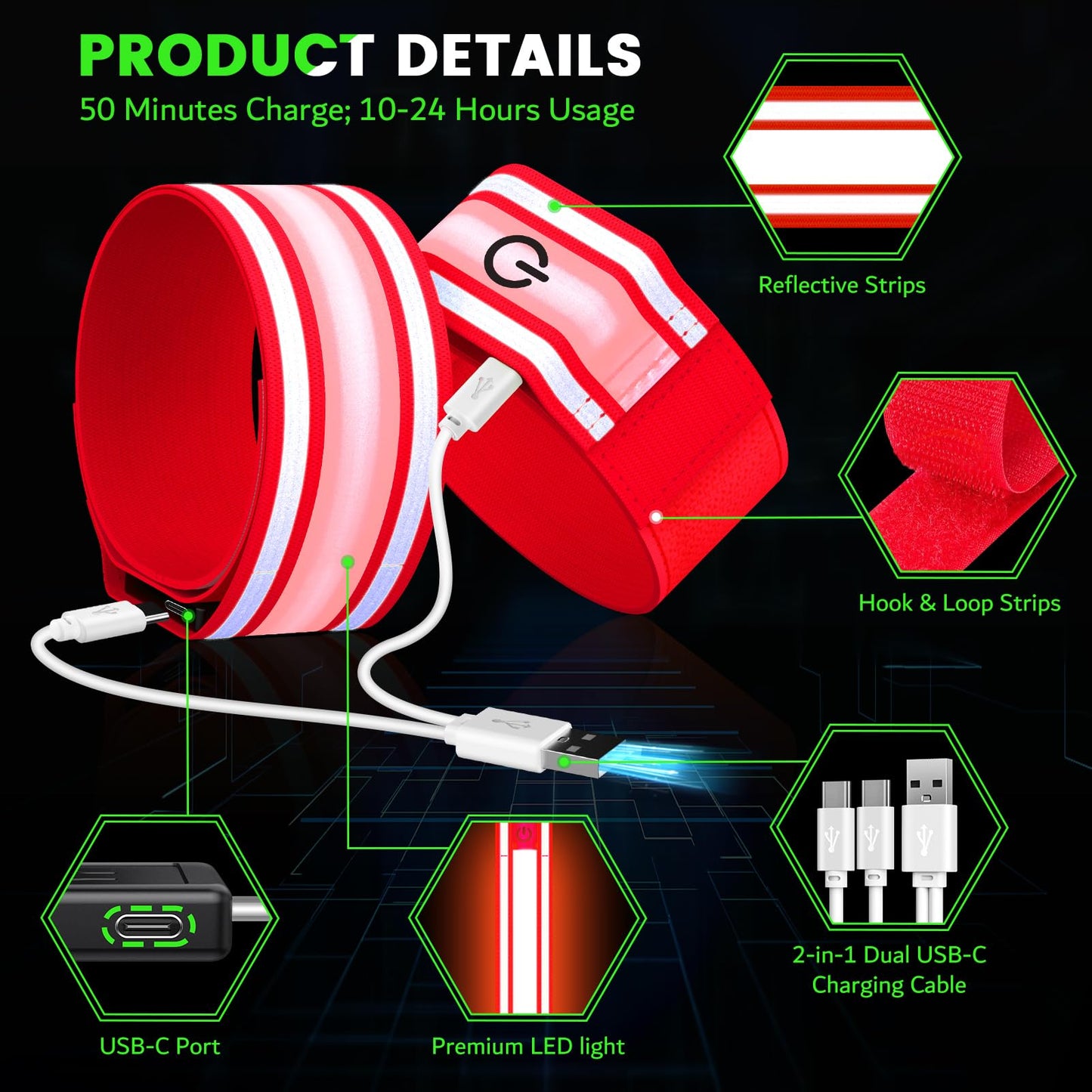 LED Armband for Running(2 Pack),Light Up Arm Bands for Night Walking Running,Rechargeable Lights for Runners,High Visibility Reflective Running Gear Adjustable Light Up Wristbands (Red, Regular)