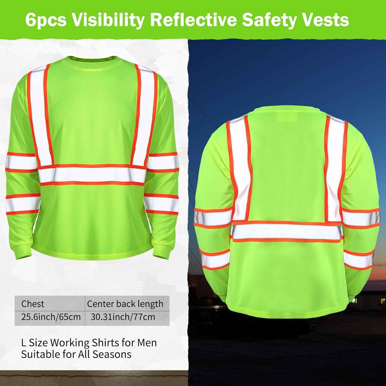 High Visibility Class 3 Safety T-Shirt - 6 Pack Long Sleeve Reflective Work Shirts for Construction & Surveying