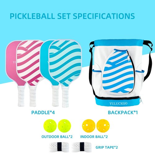 Premium Pickleball Set of 4, Graphite/Fiberglass Material， 4 Balls and 1 Portable Carry Bag, Pickle Ball Set for Men Women，Blue and White Texture