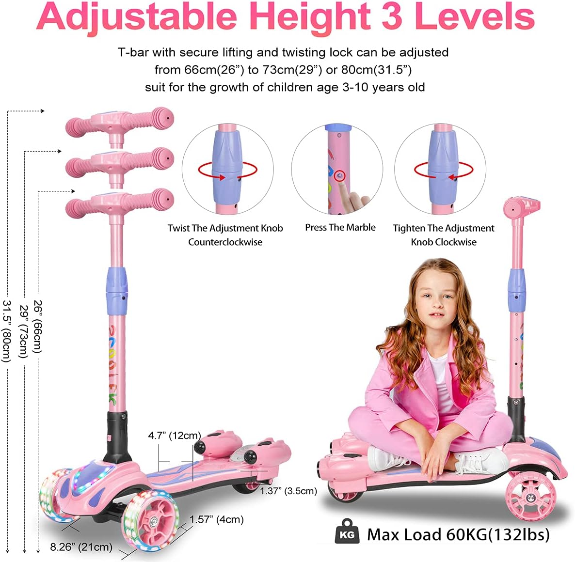 Skiennix 3-Wheel Kids Scooter - Bluetooth Music Speaker & LED Lights | Foldable Aluminum Alloy T-Bar for Ages 3-10