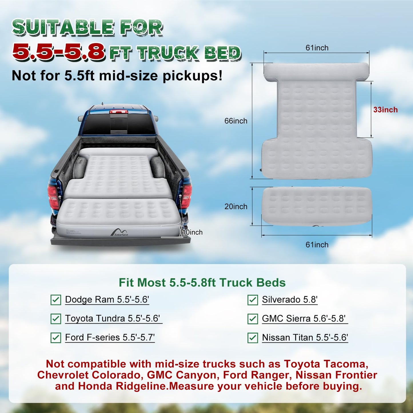 Sokeface Truck Bed Mattress 5.5-5.8ft for Full Size Pickup, Brown Truck Bed Air Mattress Fit for F150 Silverado, Leak-Resistant Camping, Electric Pump, Heavy-Duty, Easy Setup, Large Carry Bag