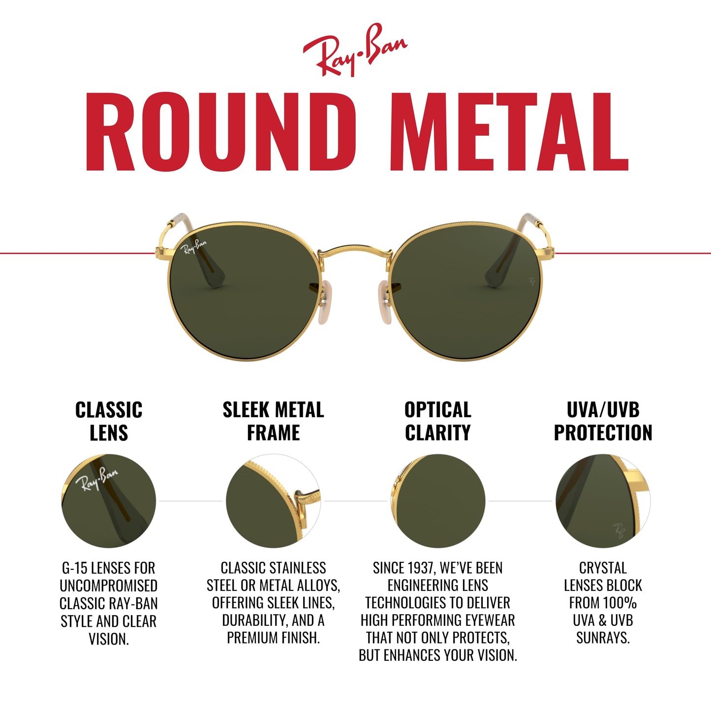 Ray-Ban Unisex RB3447 Round Metal Round Sunglasses, Black/G-15 Green, 53 mm