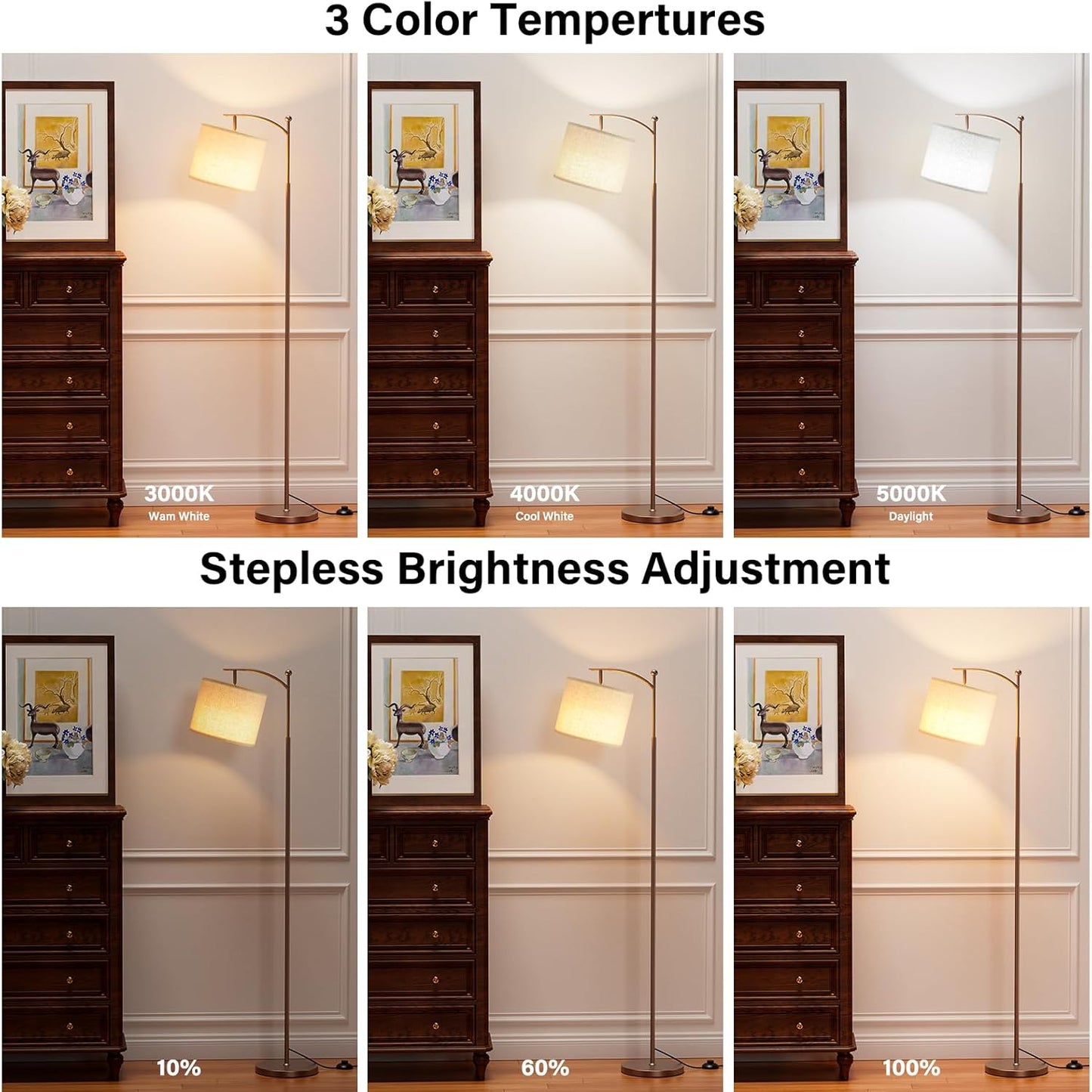 Modern 60" Floor Lamp with Remote Control & Dimmable LED Bulb - Beige Shade, Adjustable Brightness for Living Room