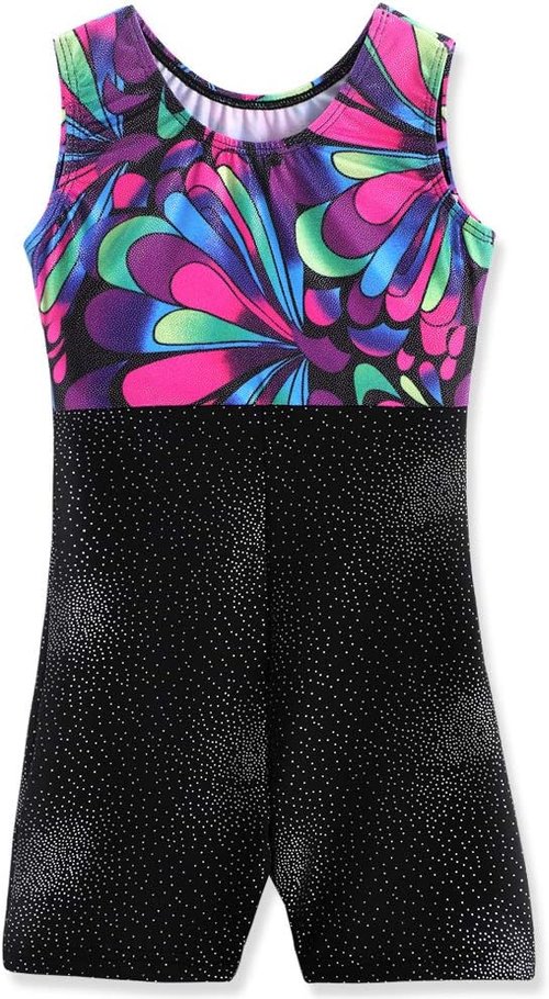 Belovance Girls' Gymnastics Leotards - Sparkle Butterfly Floral Design | Sleeveless Biketards in Hot Pink & Black