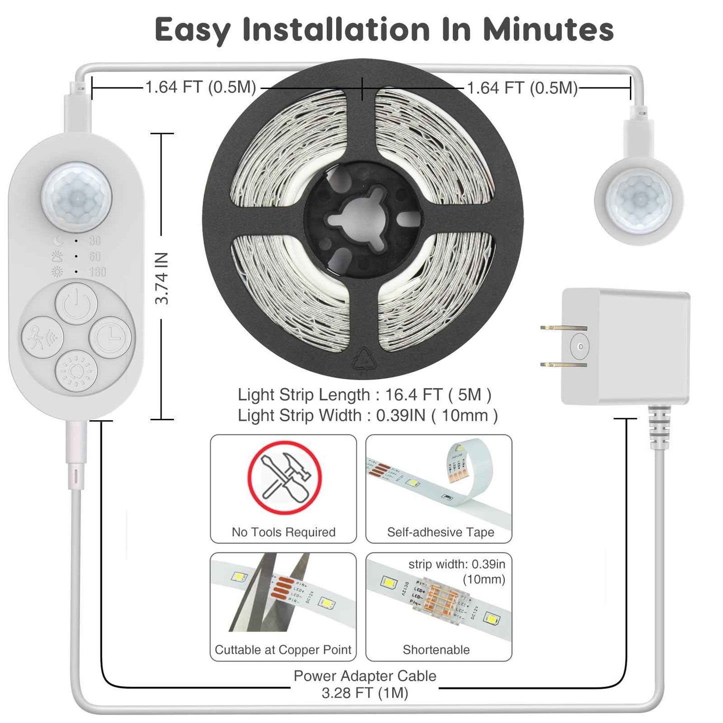 Dual Motion Sensor Light Indoor - Plug-in Motion Activated Step Stair LED Strip with Double Sensors, Dimmer and Timer for Stairway, Bedroom, Corridor (Warm White 3000K 16.4FT Light Strip)