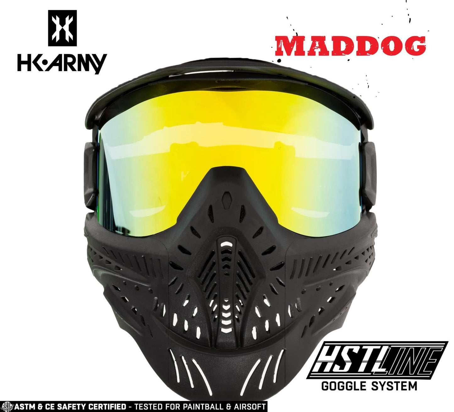 Maddog HK Army HSTL Paintball Airsoft Mask Goggle System | Replaceable Thermal Dual-Pane Anti Fog Lens | Adjustable Full-Face Safety Certified Protection - Black with Gold Lens