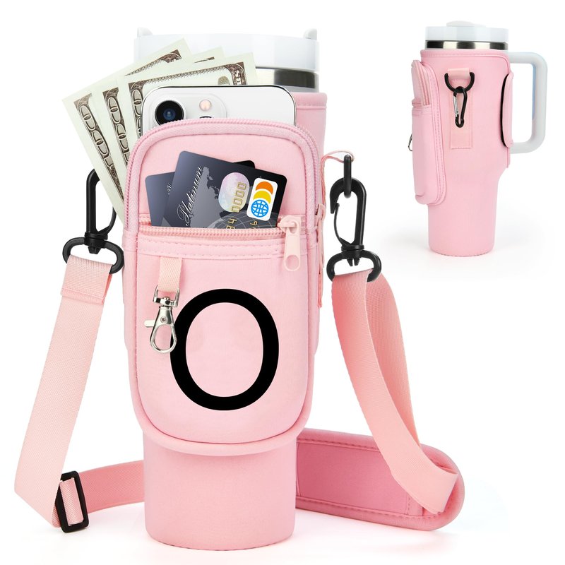 Water Bottle Holder with Adjustable Strap for Stanley Cup 40 oz Tumbler with Handle, Personalized Initial, Neoprene Water Bottle Carrier Bag with Phone Pocket & Carabiner for Stanley Cup Accessories
