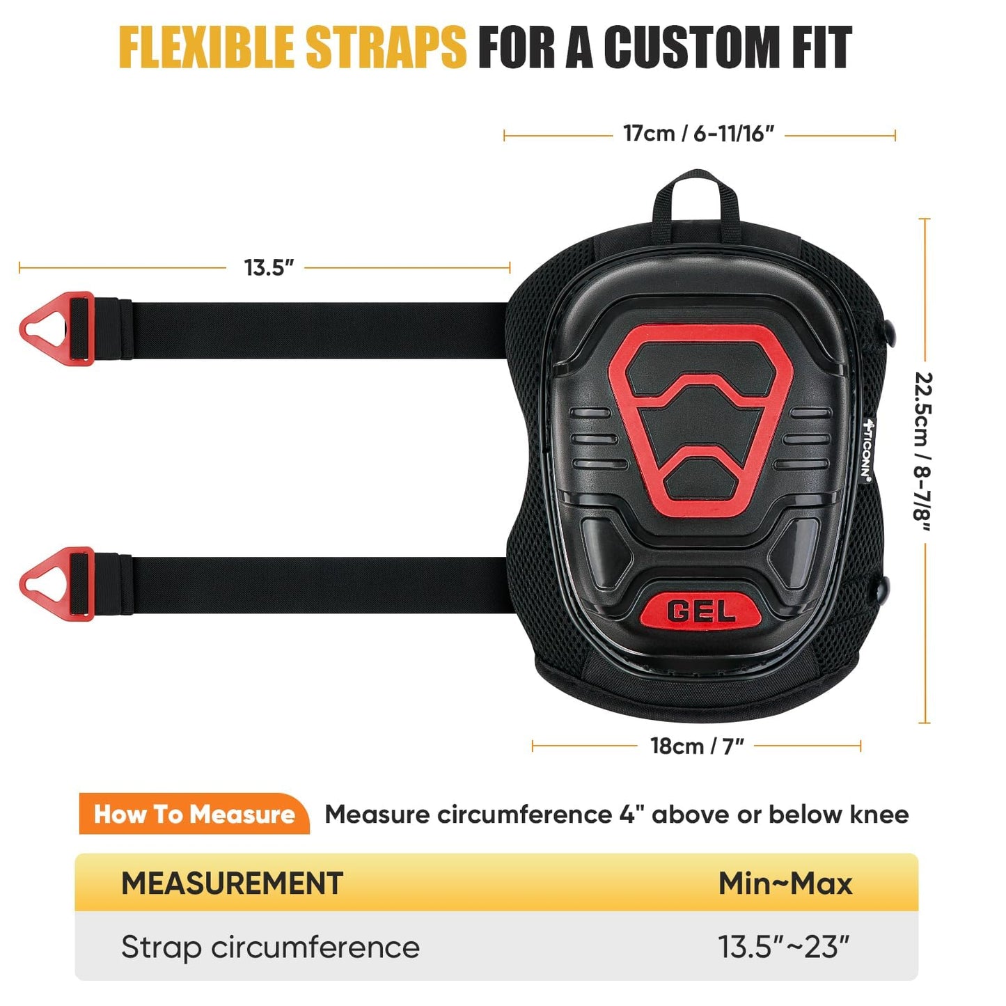 TICONN Gel Knee Pads for Work, Professional Heavy Duty Work Knee Pads for Men with Soft Foam and Gel Cushion for Men Construction, Garden, Flooring (Black/Red)