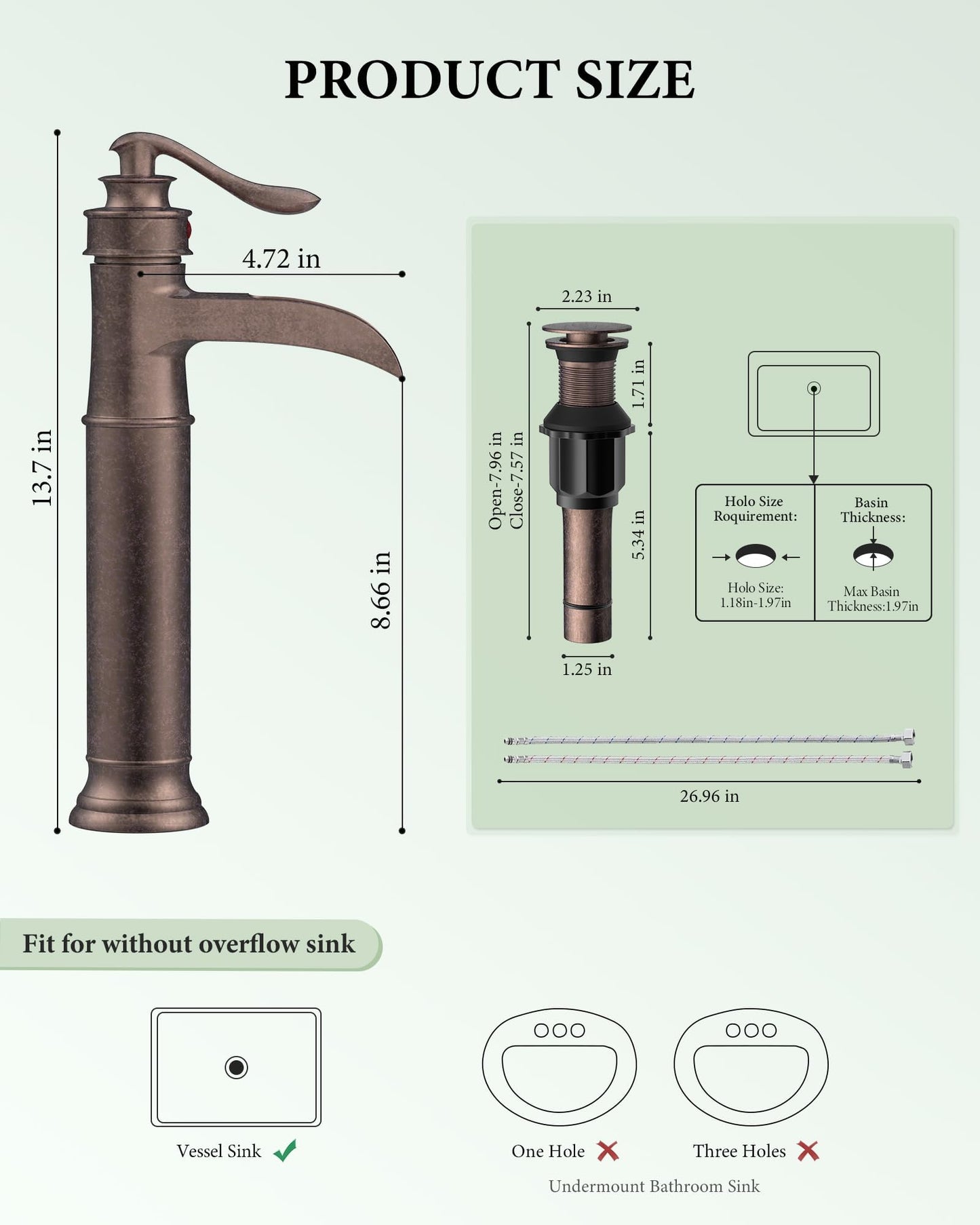 Vessel Sink Faucet Copper Tall Bathroom Faucets Waterfall Single Handle 1 Hole Farmhouse Antique with Pop up Drain Assembly and Supply Lines Mixer Tap Without Overflow Counter Top