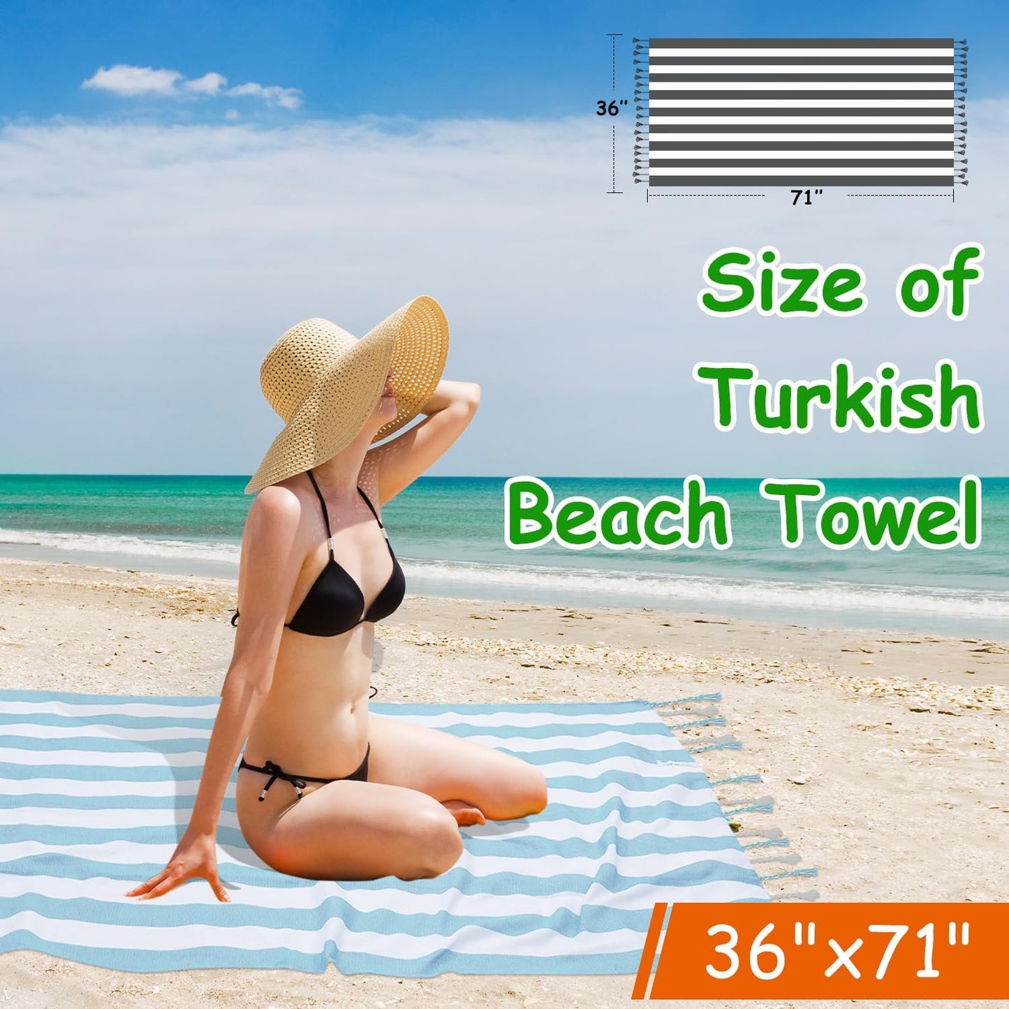 Turkish Towel Set of 6 - Quick Dry, Lightweight Cotton Beach Towels | 36 x 71 Inches, Sand Free, Blue