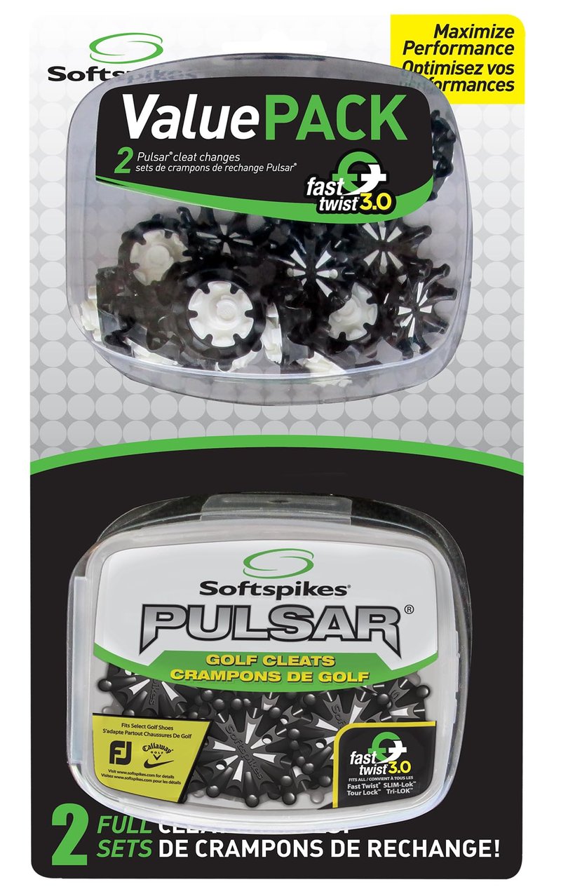 Softspikes Pulsar Golf Cleats Fast Twist 3.0 Value Pack - 2 Sets of 18 Spikes - Black - Also Fits Tri-Lok, SLIM-Lok, and Tour Lock Cleat Systems