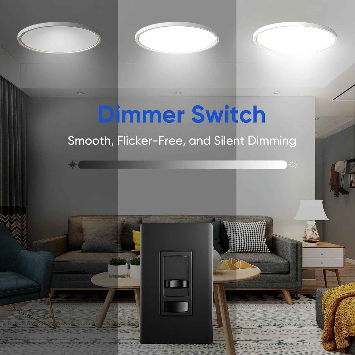 Dimmer Light Switch, for 300W Dimmable LED/CFL Lights and 600W Incandescent/Halogen, Single Pole/3-Way LED Slide Dimmer, Wall Plate Included, UL Listed, Black, 2PK