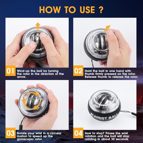 JIN BD Wrist Gyro Ball and Finger Skateboard Set – Self-Starting Forearm Exerciser for Grip Strength, Hand & Finger Exerciser, Colorful Light Black, Home Gym, Workout, Rehabilitation