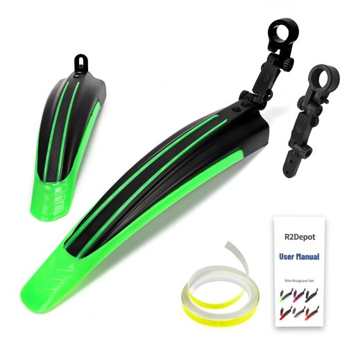 R2Depot Bike Mudguard Set with 8M DIY Reflective Tape, 2 Parts-Universal Full Cover Thicken Widen Bicycle Fender Set, Front/Rear Mud Guards Fit for 20"/22"/24"/26" MTB Mountain Road Bike(Black Green)
