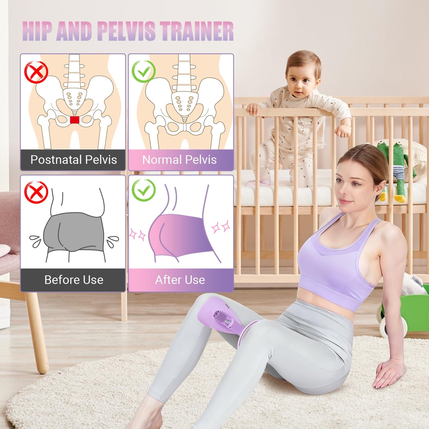 Thigh Trainer for Women, 15-70LB Adjustable Resistance Inner Thigh Exerciser for Pelvic Floor Muscle Repair, Thigh Workout Kegel Exercise Equipment for Shaping, Yoga & Weight Loss at Home Gym -Purple