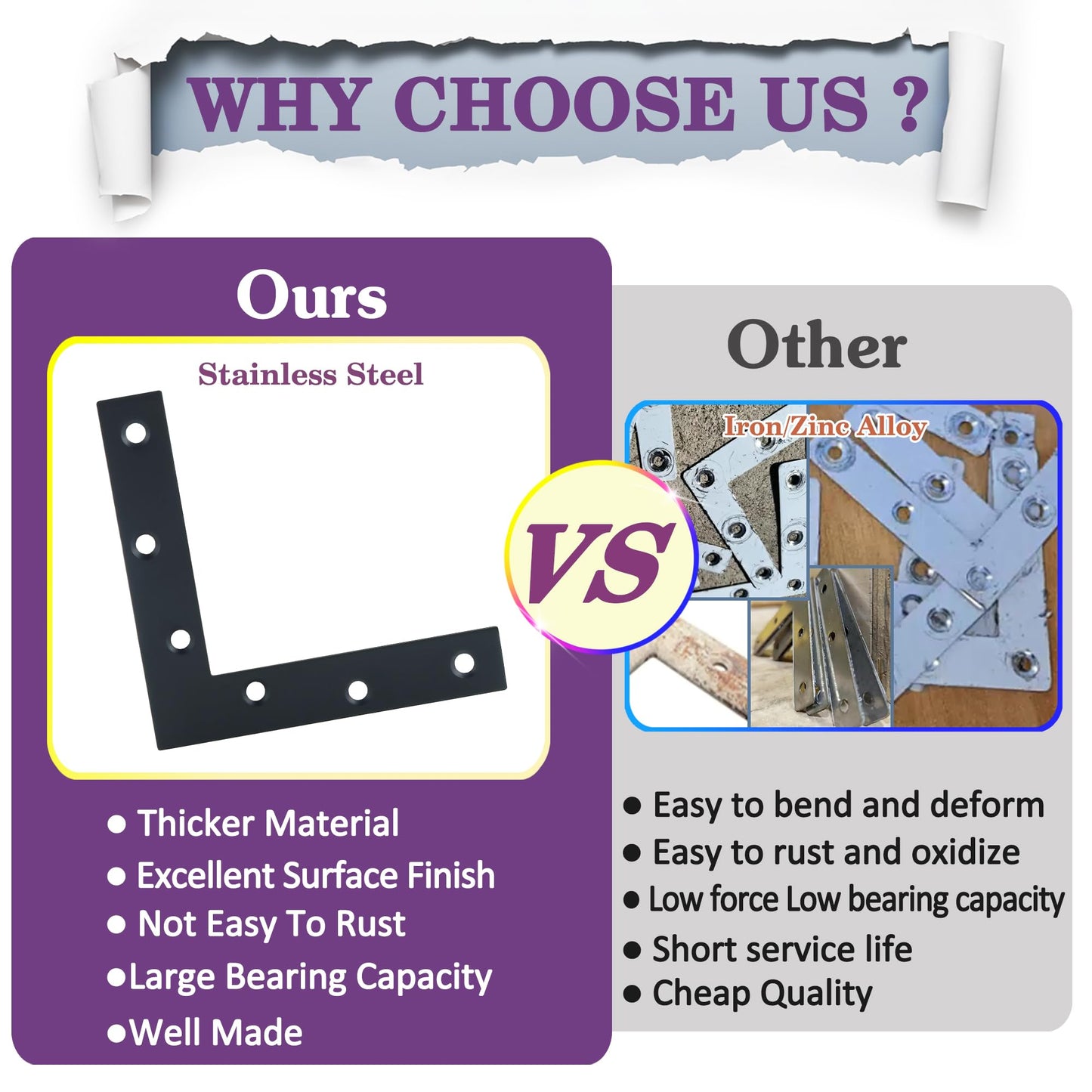 Alise Flat L Brackets for Wood,Black Flat Corner Brace Corner Brackets for Wood Frame Tables Chairs Sofas Beds Cabinets Doors and Windows,4.8x4.8'' Stainless Steel Mending Plates,Pack of 4