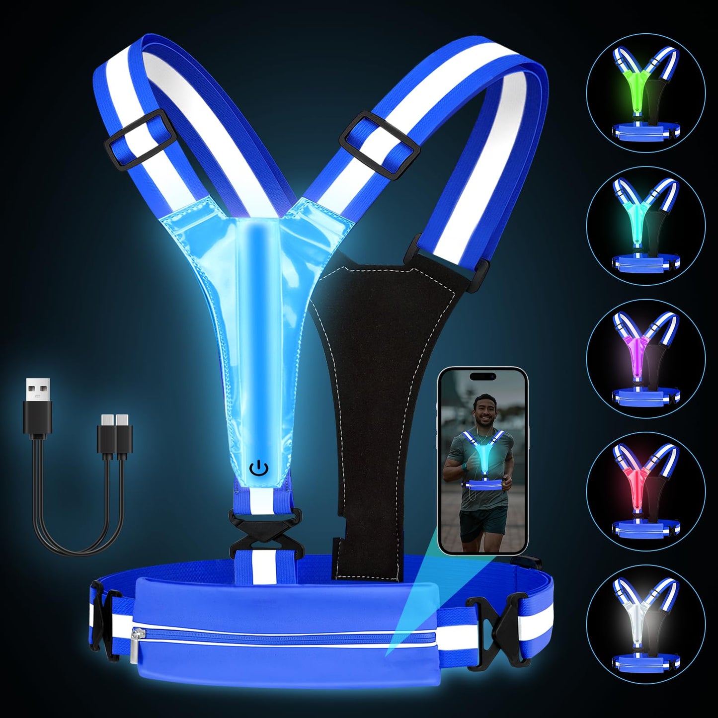 Fitense LED Reflective Vest, 5 Colors Light Up Running Vest Rechargeable Running Lights for Runners High Visibility Reflective Running Gear, Adjustable for Men and Women