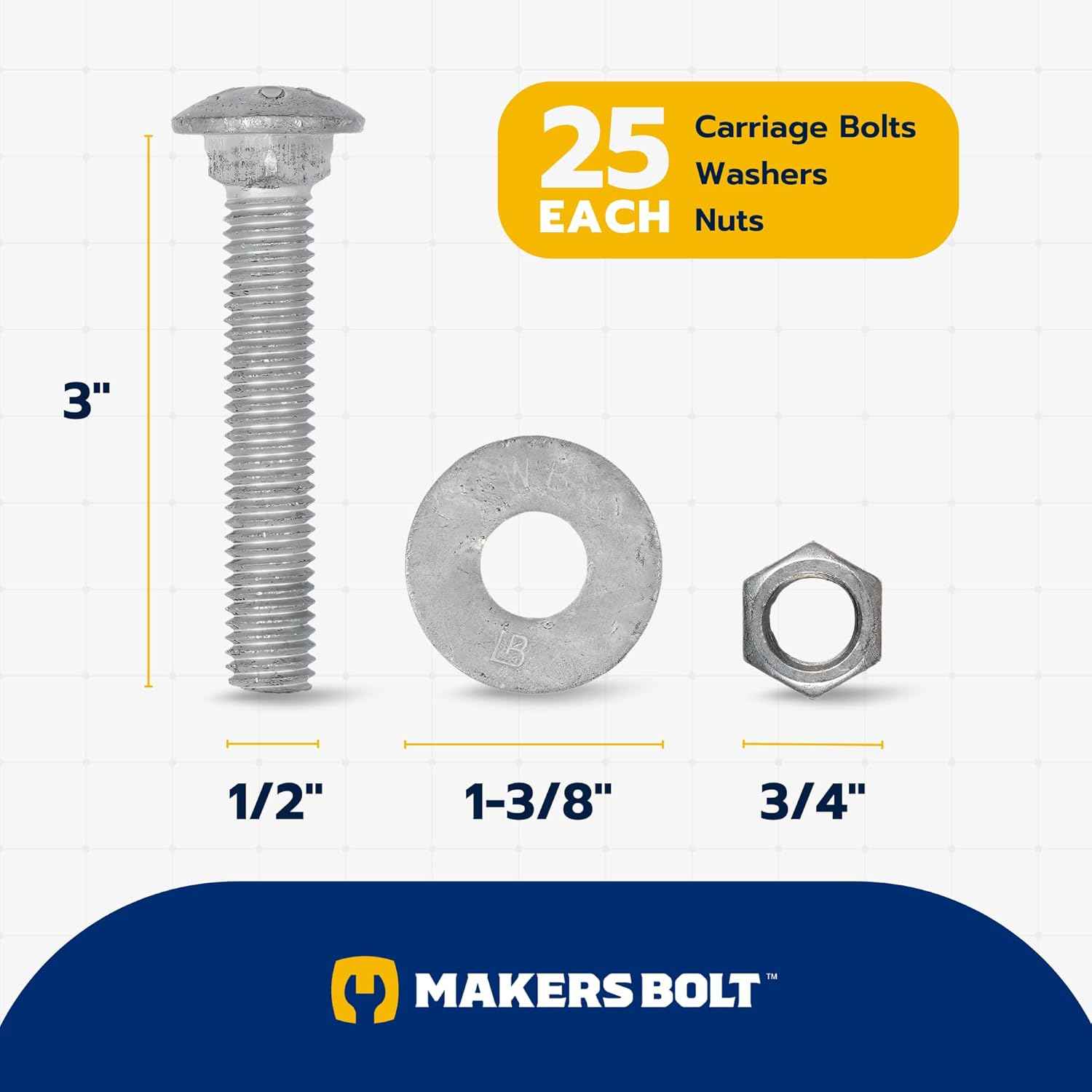 Galvanized Carriage Bolt Kit - 25 Pack 1/2" x 6" with Washers & Hex Nuts for Outdoor Use