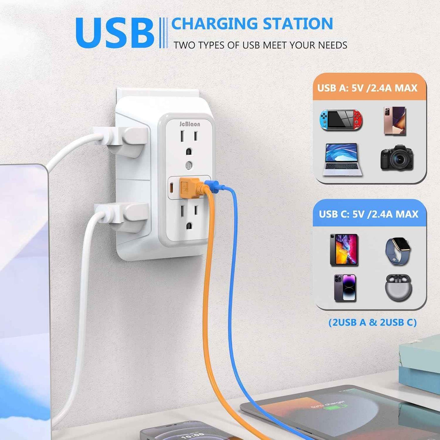 2 Pack Wall Charger, Surge Protector 6 Outlet Extender Multi Plug Wall Outlets with 4 USB Charging Ports (2 USB C Outlet) 3 Sided 1050J Power Strip Wall Adapter Spaced for Home Travel Office