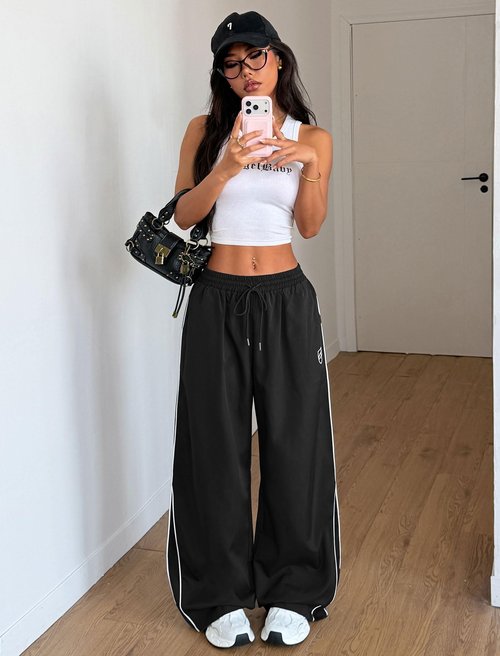 ZAFUL Womens Parachute Pants Y2k Baggy Elasitc Waist Track Pants Contrast Pipping Sweatpant Trousers(1-Black, M)