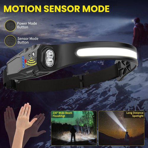 Headlamp Rechargeable 6Pack, 230° Wide Beam LED Headlamp, 7Mode Headlamps for Adults, Head Lamp with Motion Sensor, Red Light Head Lamps LED Rechargeable, Head Lights for Forehead Running Camping