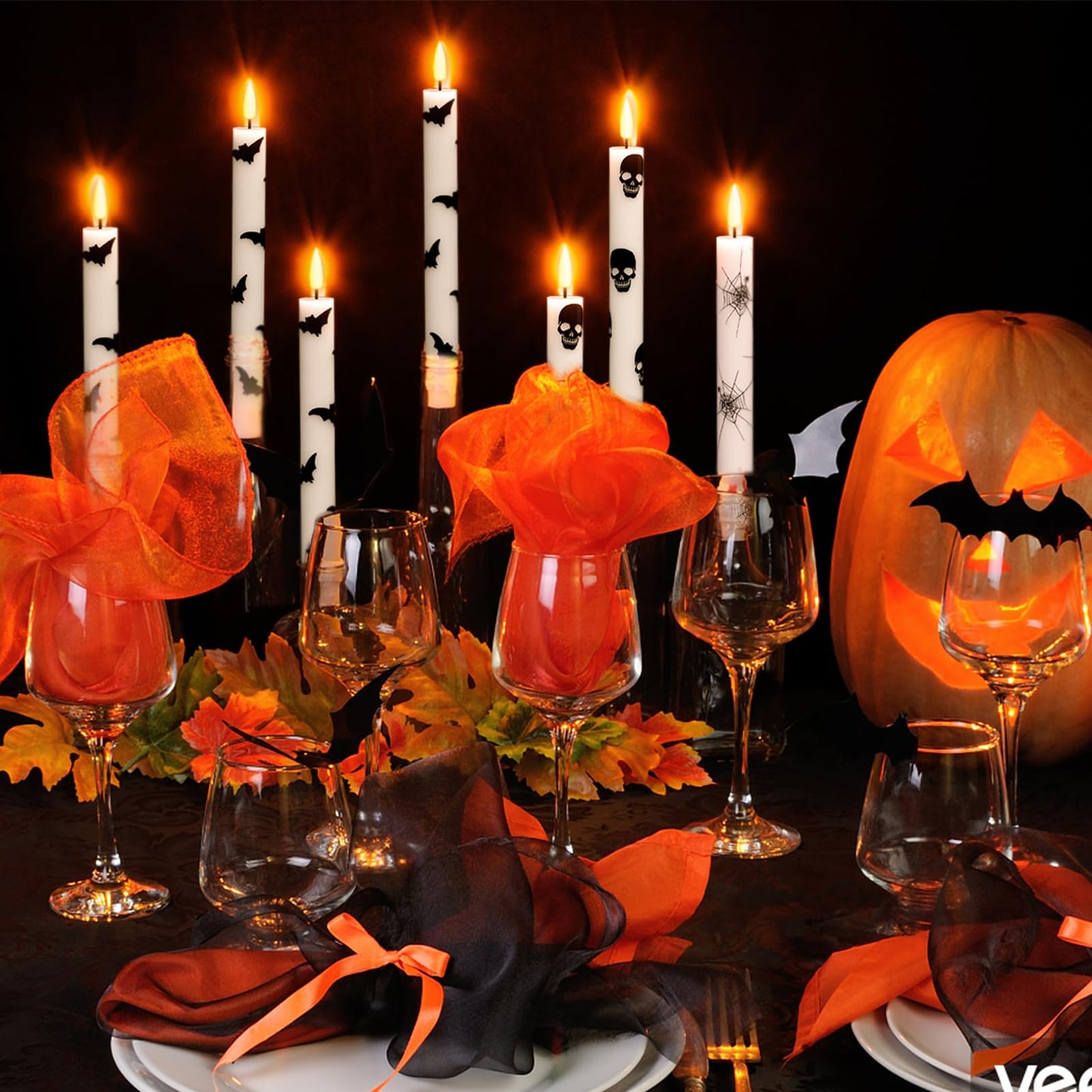 KunSwenn Halloween Flameless Taper Candles, 6 Pack LED Taper Candles Battery Operated with Remote Timer, Real Wax Flameless Candlesticks with Spider Webs/Skull/Bats Decals for Halloween Decoration