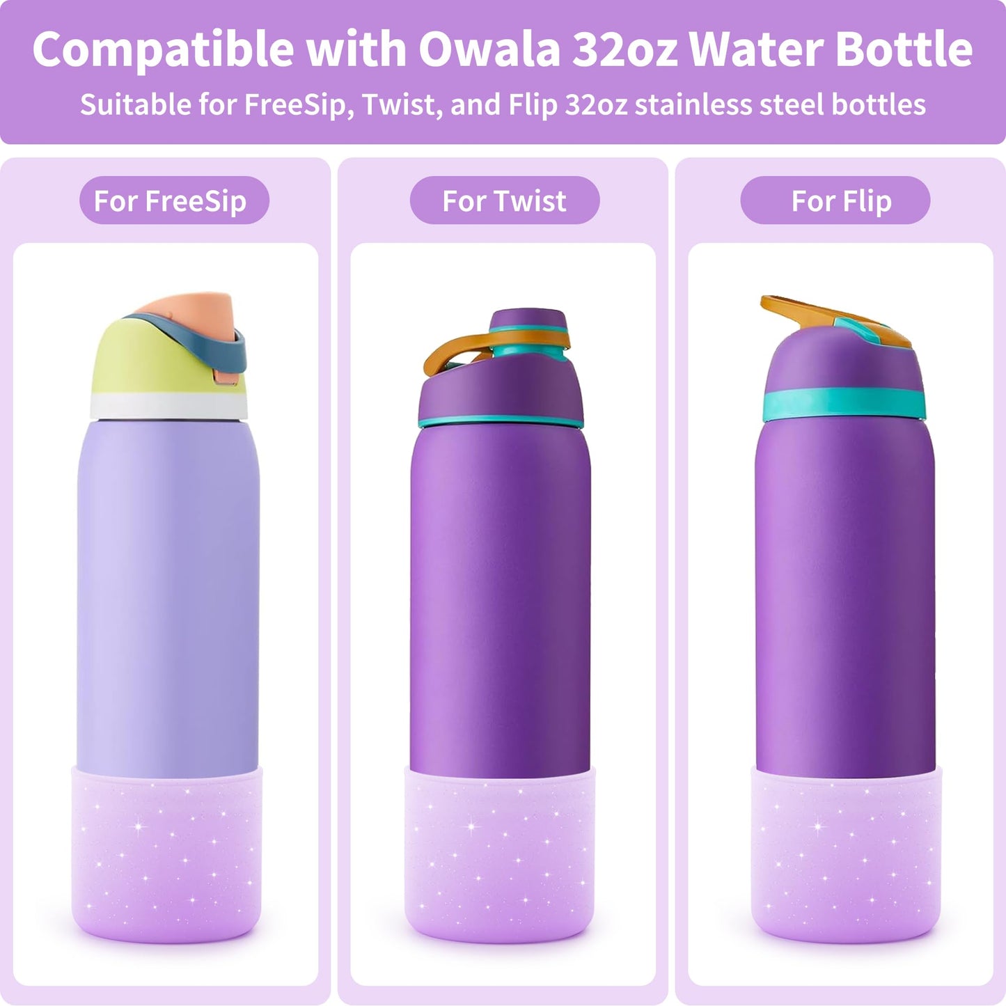 Diumepo Silicone Water Bottle Boot for Owala 32 oz, Anti-Slip Protective Sleeve for Twist, FreeSip & Flip Stainless Steel Bottles, Bottom Base (Glitter Purple)