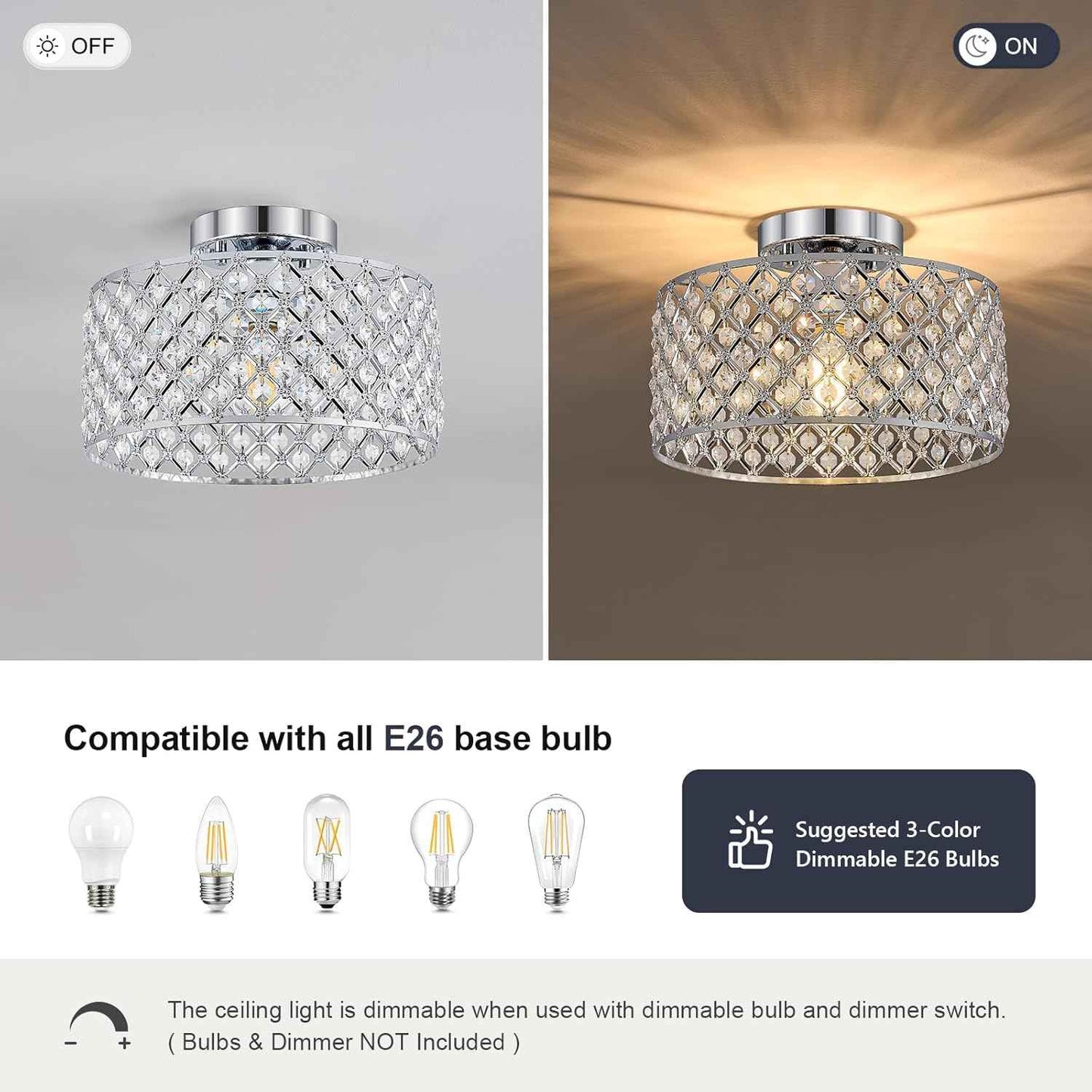 Modern Black Crystal Semi Flush Mount Ceiling Light Fixture - 11.2" Round Chandelier for Dining Room, Hallway, Kitchen & Bedroom