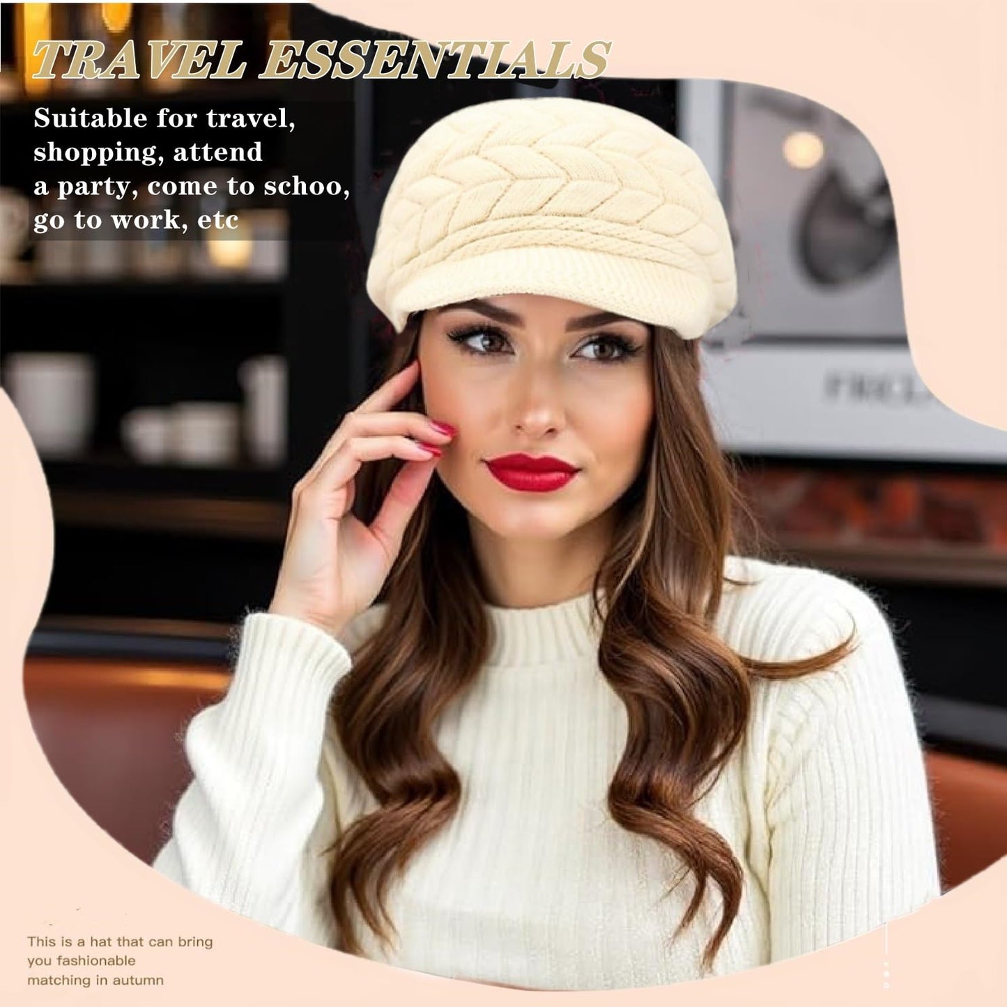 stablerice 4 Pack Womens Winter Beanie Hats Thick Warm Knit Hat with Visor Brim Wool Snow Ski Caps Chunky Soft Slouchy Cap Women Newsboy Caps Ladies Hat Knit Hats for Women