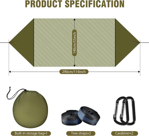 FIRINER Camping Hammock with Mosquito Net, Lightweight Portable Double & Single Hammock Tent with 2 Tree Straps, Parachute Nylon Hammock for Outdoor Backpacking Beach Backyard Patio Hiking, Arm Green