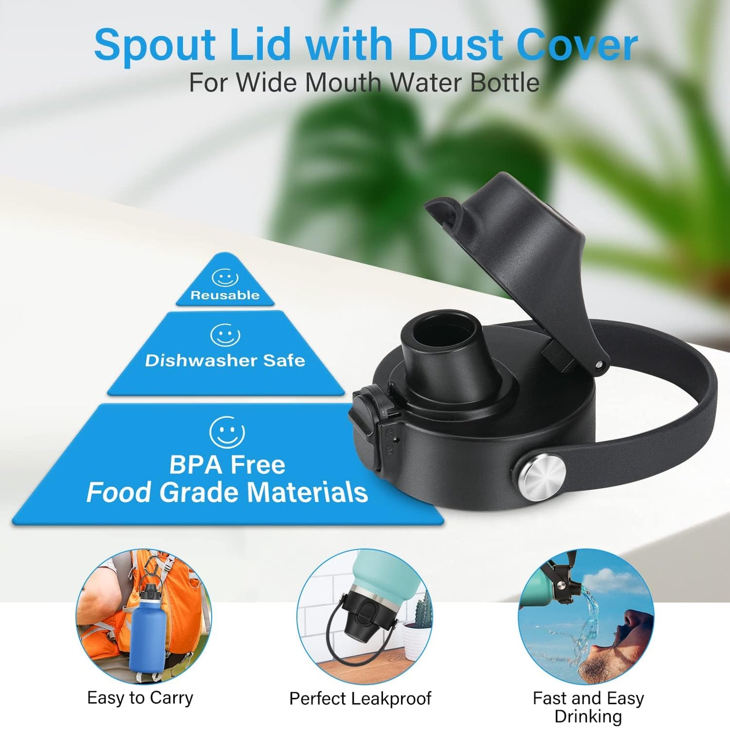 Auto Spout Lid for HydroFlask Wide Mouth Sport Water Bottles, Replacement Lid for Hydro Flask Wide Mouth 12, 16, 18, 32, 40, 64oz, Chug Lid with Flexible Handle, Button Lock, 2 Pack