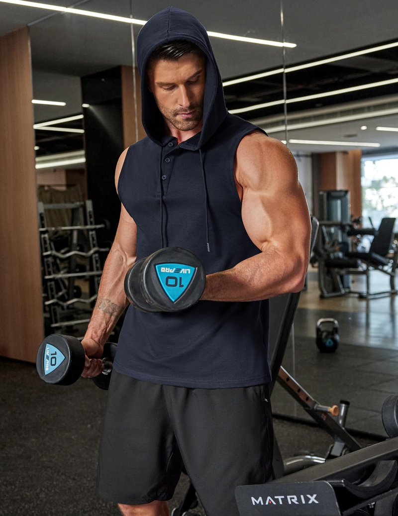 COOFANDY Workout Gym Tank Tops for Men Muscle Cut Off Hoodie Sleeveless Hooded Shirts Cotton Breathable T Shirts Navy Blue