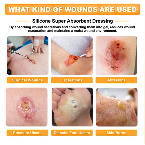 Carbou Silicone Super Absorbent Wound Dressing 5"x 5", 10 Individual Pack, Self-Adhesive Waterproof Bandage, Soft Highly Absorbent Dressing for Wound Care, Burns, Bedsores, Traumas & Surgical Wounds