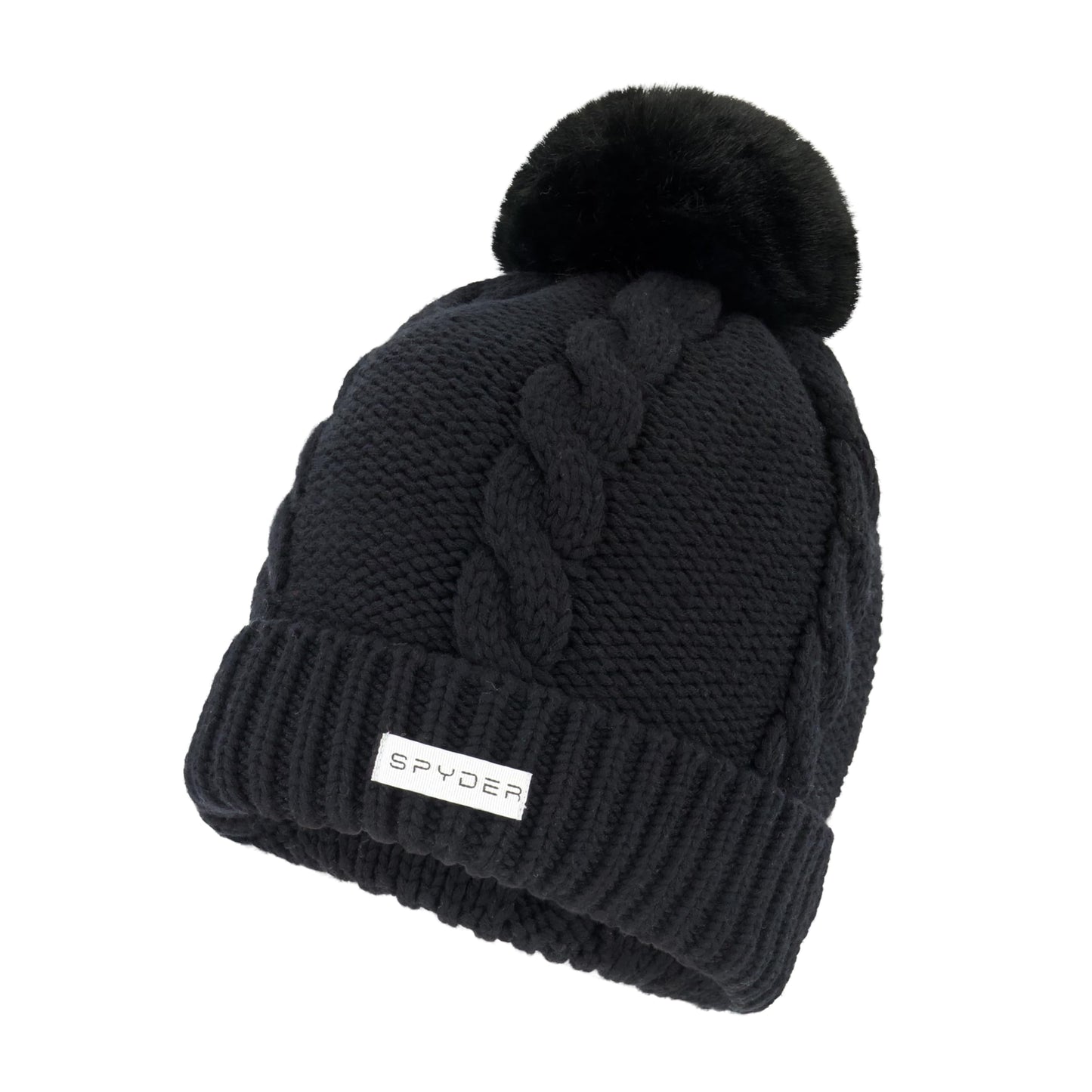Spyder Womens Cable Knit Pom Pom Beanie with Ribbed Cuff, Black, One Size