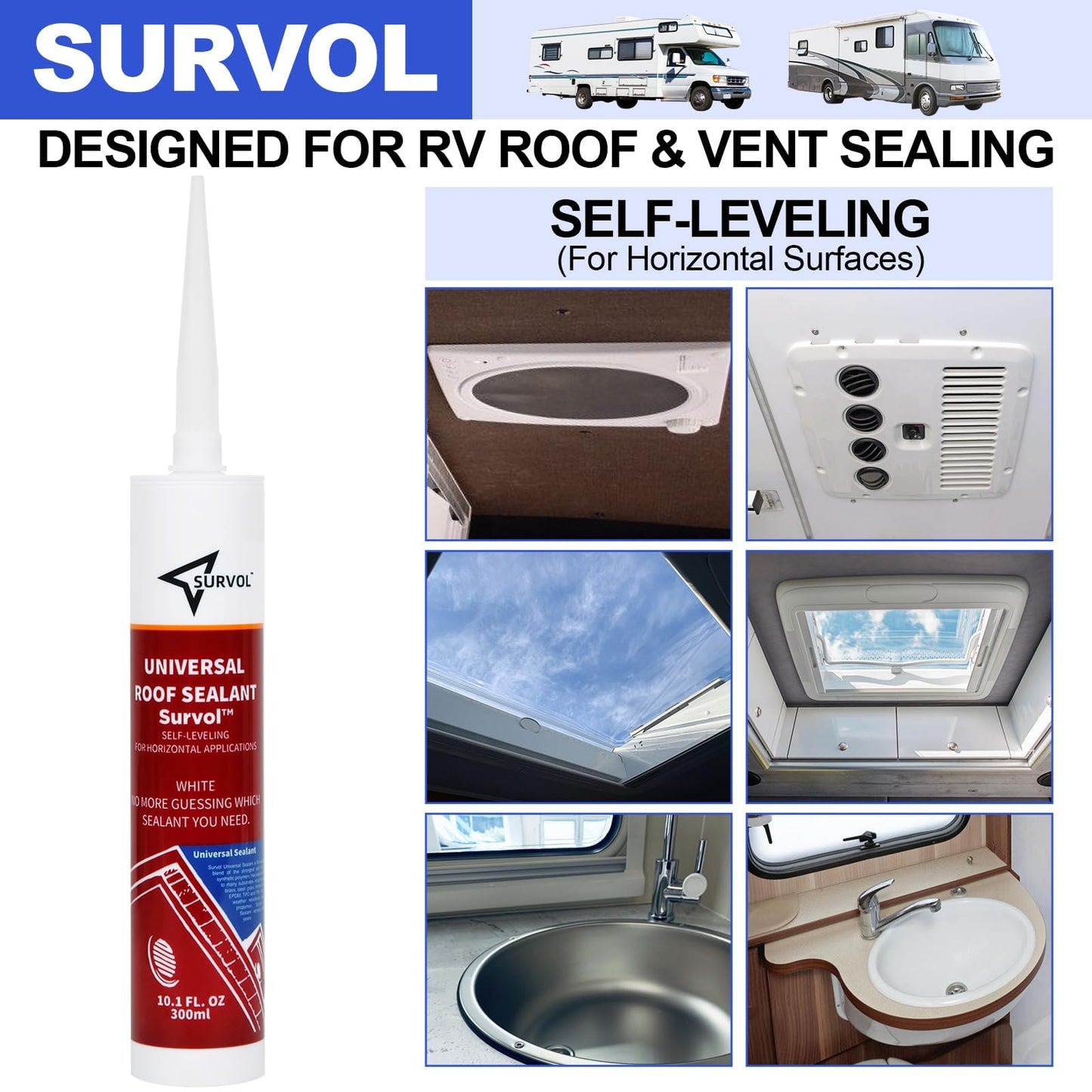 SURVOL RV Roof Sealant, Self-Leveling Lap Sealant - White, 2-Pack, Window, Skylight & Camper Repair, Vertical Surface Caulking