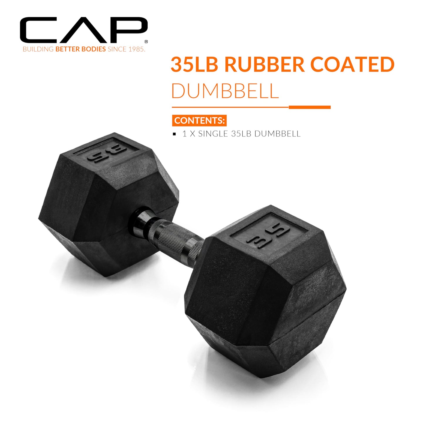 CAP 35 LB Rubber Coated Hex Dumbbell Weight, Rubber Free Weights for Home Gym Strength Training, Black Oxide Handle, Single